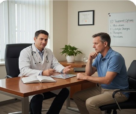 Medical illustration explaining how Vidalista 20mg supports erectile function Doctor discussing safe use of tadalafil for erectile dysfunction