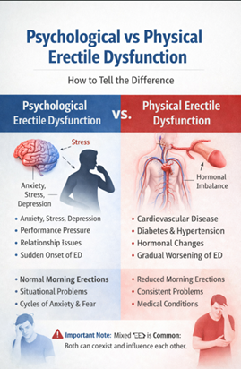 Medical illustration comparing psychological and physical causes of erectile dysfunction